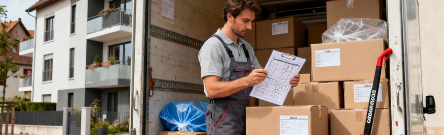 Organisation Chargement Demenagement Mulhouse Déménageur organisant le chargement méthodique d'un camion devant immeuble résidentiel à Mulhouse