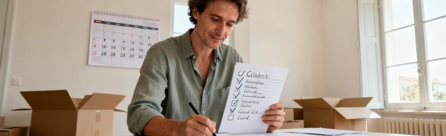 Personne organisant sa checklist de déménagement avec documents et calendrier dans salon aixois lumineux