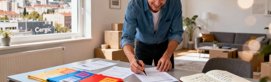 Personne organisant documents et checklist pour comparer offres de déménagement à Cergy de manière simplifiée