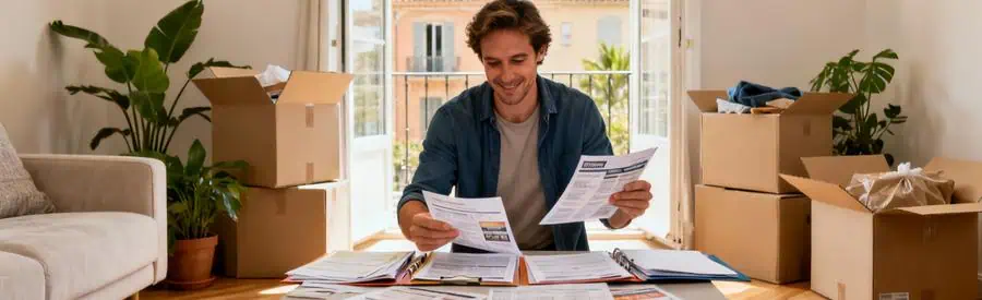 Personne comparant plusieurs offres de déménagement dans salon perpignanais avec cartons en arrière-plan