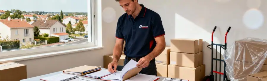 Déménageur organisant documents et checklist pour demande de déménagement à Trappes dans les Yvelines