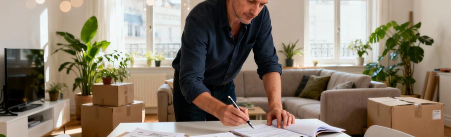 Personne organisant documents administratifs sur table après installation dans nouvel appartement Aubervilliers