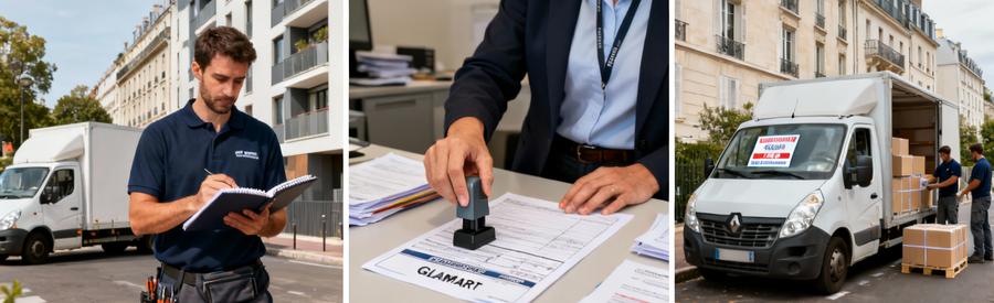 Triptyque montrant les étapes d'organisation d'un déménagement à Clamart avec autorisation de stationnement