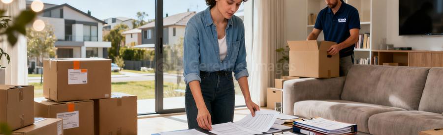 Personne organisant son déménagement à Montigny-le-Bretonneux avec documents et cartons étiquetés dans salon