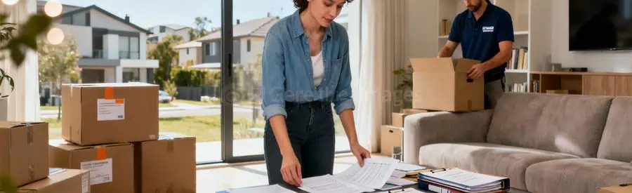 Personne organisant son déménagement à Montigny-le-Bretonneux avec documents et cartons étiquetés dans salon