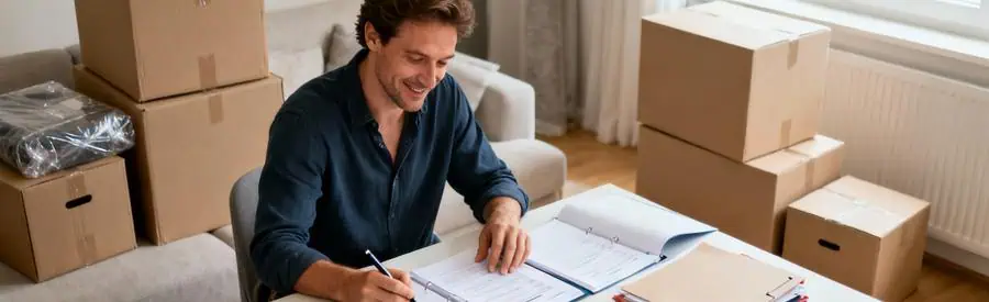 Personne organisant documents pour préparer son déménagement au Mans dans salon lumineux avec cartons