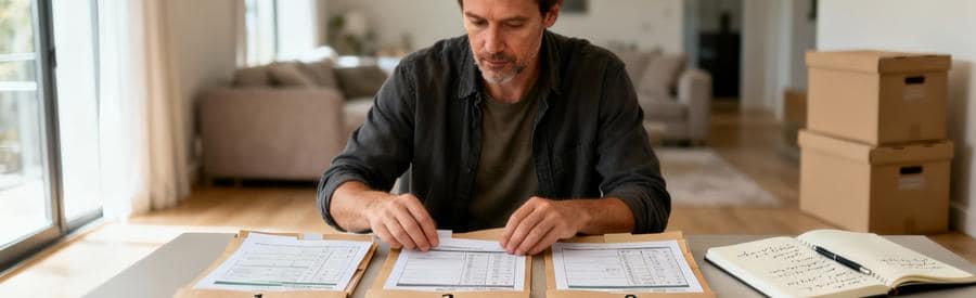 Organisation Etapes Demenagement Plaisir Personne organisant quatre dossiers numérotés pour planifier méthodiquement son déménagement à Plaisir