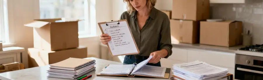 Personne organisant documents de planification de déménagement en trois étapes distinctes sur table