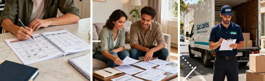 Triptyque illustrant les étapes d'organisation d'un déménagement à Saint-Denis : planification, comparaison d'offres et préparation