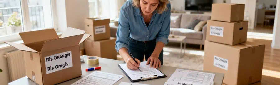 Personne remplissant formulaire d'inventaire pour déménagement à Ris-Orangis entourée de cartons étiquetés