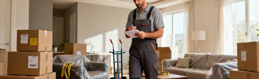 Déménageur organisant l'inventaire détaillé d'un déménagement résidentiel aux Mureaux avec cartons étiquetés