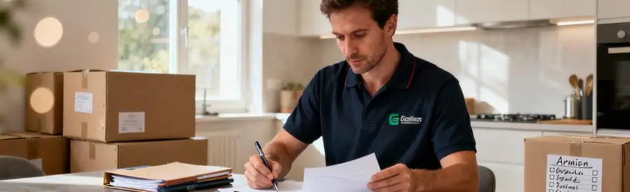 Déménageur organisant documents et offres papier pour déménagement à Amiens, cartons en arrière-plan