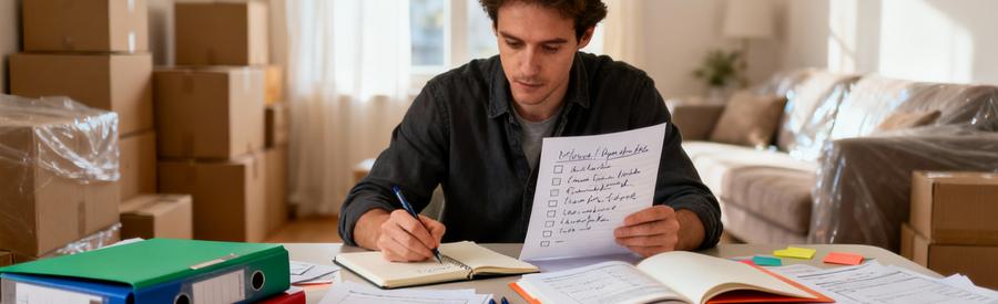 Organisation Planification Demenagement Poissy Personne organisant documents et checklist pour planifier son déménagement à Poissy de manière méthodique