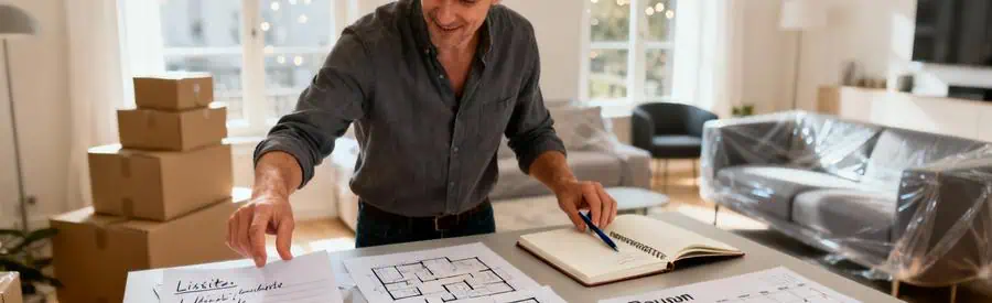 Personne organisant documents et inventaire manuscrit pour planifier son déménagement à Rouen