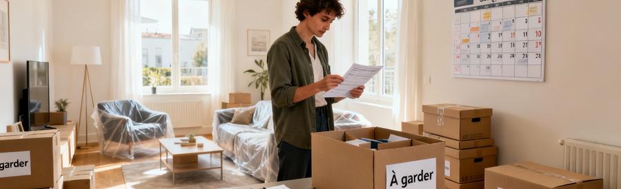 Organisation Planification Demenagement Savigny Orge Personne organisant son déménagement avec checklist et cartons de tri dans salon à Savigny-sur-Orge