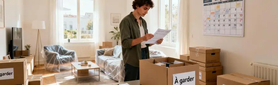 Personne organisant son déménagement avec checklist et cartons de tri dans salon à Savigny-sur-Orge