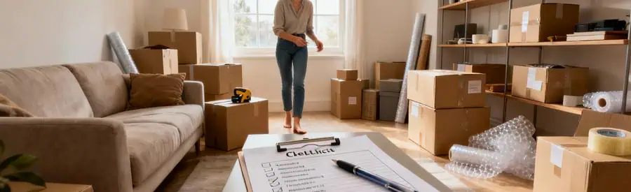 Personne organisant son déménagement avec checklist et cartons dans salon à Conflans-Sainte-Honorine