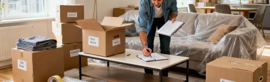 Personne organisant cartons étiquetés et inventaire pour déménagement à Sainte-Geneviève-des-Bois