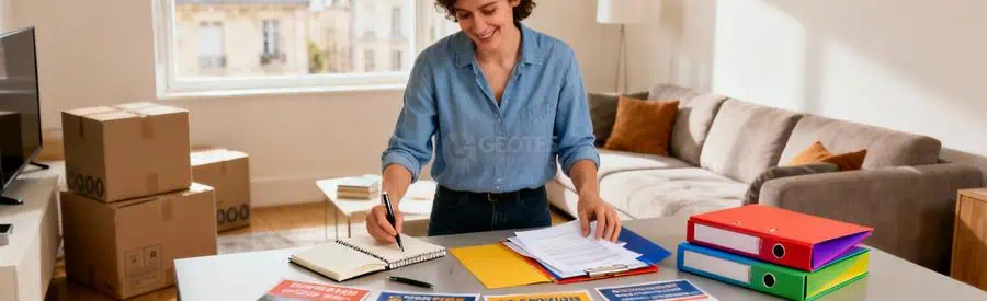 Personne comparant plusieurs offres de déménagement sur documents papier dans salon lumineux à Dijon