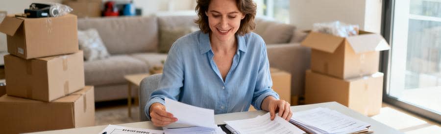 Personne organisant documents et dossiers pour comparer offres de déménageurs à domicile