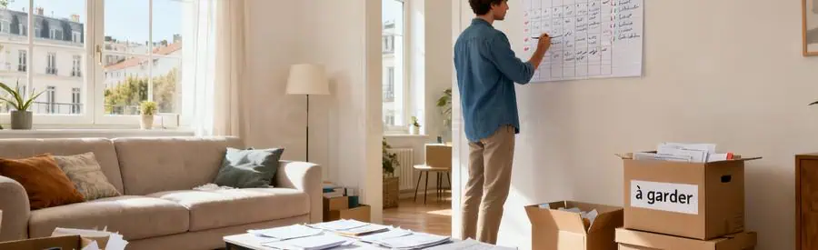 Personne organisant son déménagement avec calendrier et tri de cartons dans salon au Mée-sur-Seine