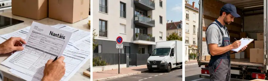 Triptyque illustrant les démarches administratives pour un déménagement à Nantes avec documents et stationnement