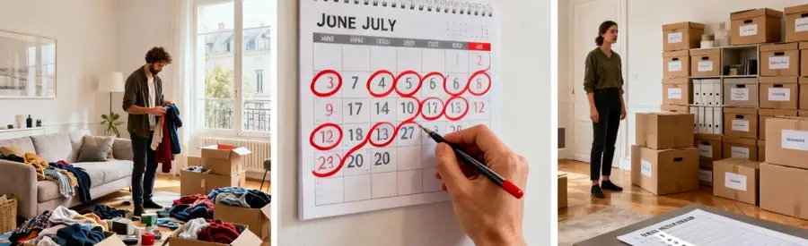 Triptyque montrant préparation déménagement : tri affaires, planification calendrier, cartons organisés étiquetés