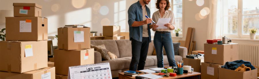 Couple organisant méthodiquement leur déménagement avec cartons étiquetés et checklist à Lagny-sur-Marne