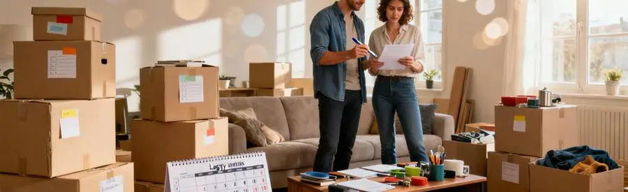 Couple organisant méthodiquement leur déménagement avec cartons étiquetés et checklist à Lagny-sur-Marne