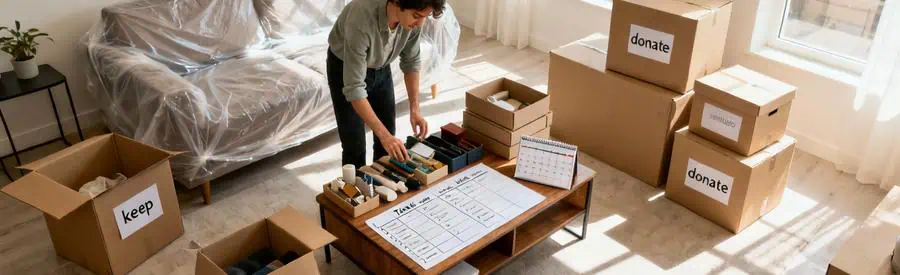 Personne organisant son déménagement à Metz avec cartons étiquetés et tri méthodique des affaires dans salon lumineux