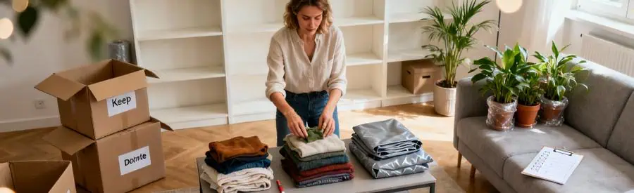 Femme organisant tri et emballage affaires salon pour préparation déménagement anticipée Mulhouse