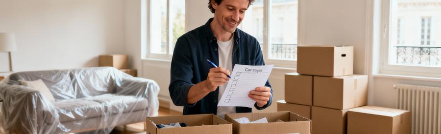 Personne organisant méthodiquement son déménagement avec cartons de tri et checklist à Vitry-sur-Seine