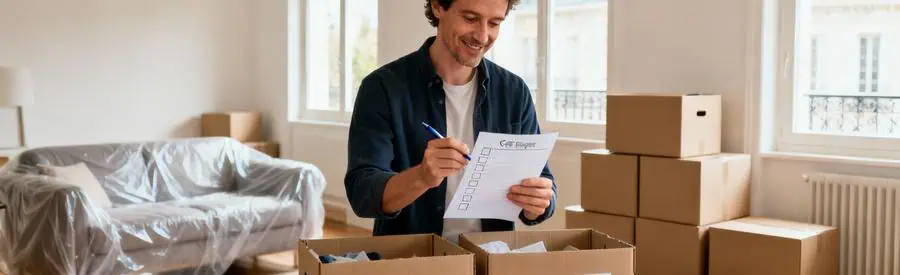 Personne organisant méthodiquement son déménagement avec cartons de tri et checklist à Vitry-sur-Seine