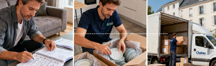 Chronologie préparation déménagement : planification documents, emballage cartons, chargement camion à Chatou