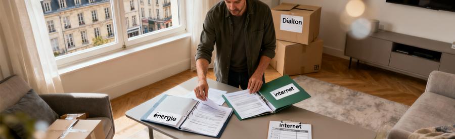 Personne organisant documents administratifs pour préparation déménagement à Dijon avec cartons en arrière-plan