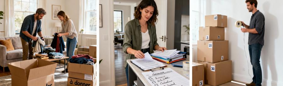 Trois étapes de préparation d'un déménagement à Tours : tri des affaires, organisation administrative, emballage cartons