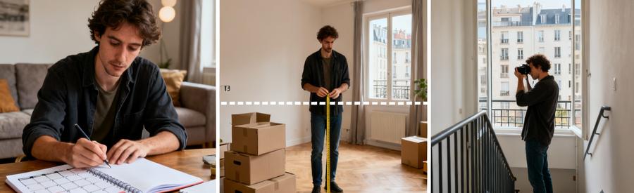 Triptyque illustrant les étapes de préparation d'un déménagement : planification, évaluation volumes, vérification accès