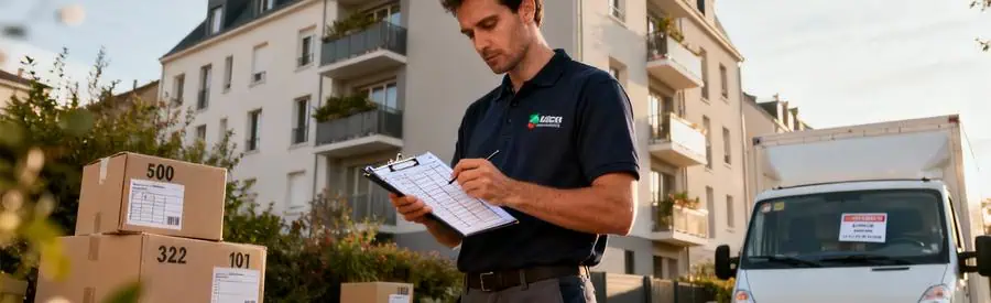 Déménageur vérifiant inventaire détaillé devant immeuble à Plaisir avec cartons organisés et camion autorisé