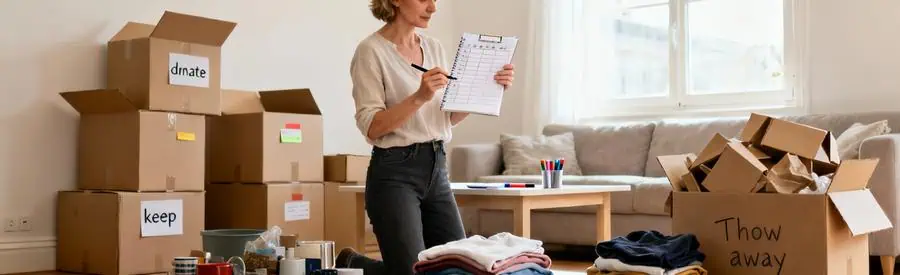 Personne organisant inventaire et tri méthodique objets avant déménagement à Sartrouville