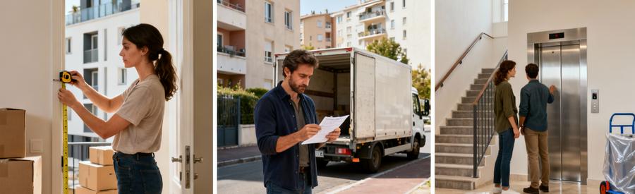 Triptyque illustrant la préparation logistique d'un déménagement à Sarcelles : mesures, planification et vérification