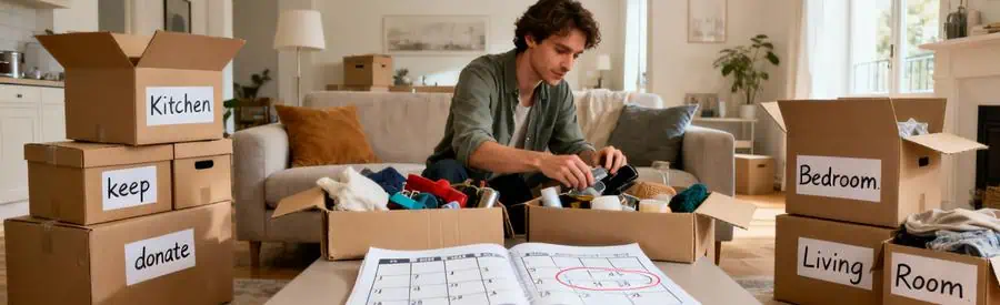 Personne triant et étiquetant cartons par pièce pour préparer son déménagement à Trappes de manière organisée