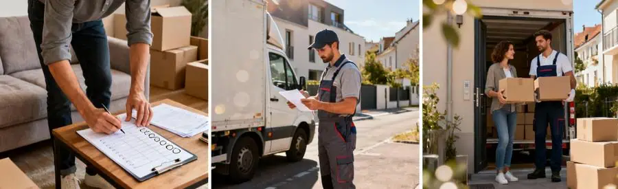 Triptyque montrant l'organisation, la planification et le chargement d'un déménagement bien préparé à Mantes-la-Jolie