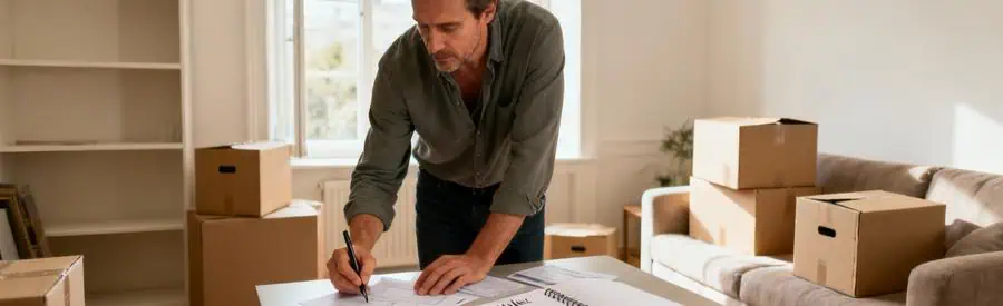 Personne organisant documents et checklist pour préparer son déménagement à Calais dans salon avec cartons