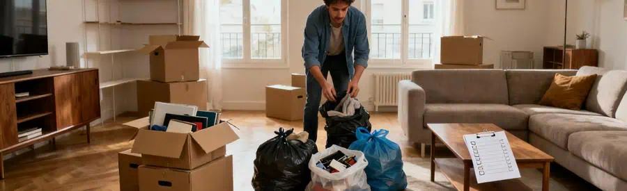 Personne organisant le tri de ses affaires en trois catégories avant son déménagement à Corbeil-Essonnes