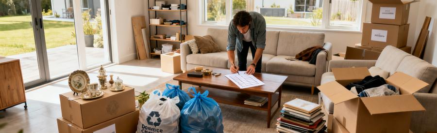 Organisation méthodique du tri et désencombrement des affaires avant déménagement dans un salon résidentiel moderne