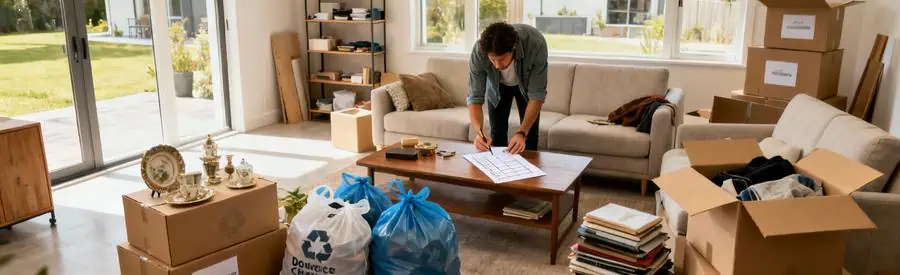 Organisation méthodique du tri et désencombrement des affaires avant déménagement dans un salon résidentiel moderne
