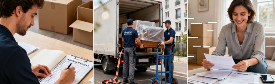 Triptyque illustrant processus complet comparaison offres déménagement à Saint-Maur-des-Fossés