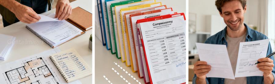 Processus Comparaison Offres Demenagement Champigny Triptyque illustrant les étapes de comparaison d'offres de déménagement à Champigny-sur-Marne avec documents papier