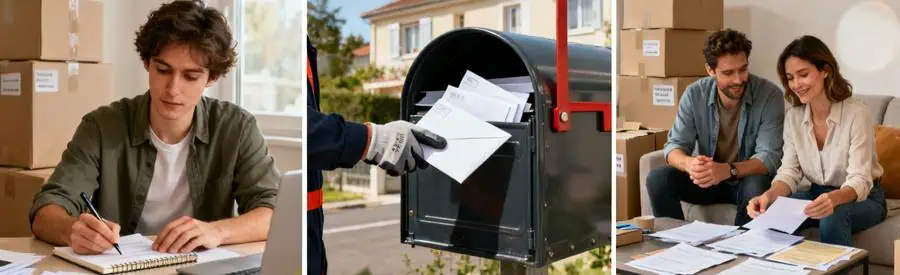 Triptyque illustrant les étapes de comparaison d'offres de déménagement à Conflans-Sainte-Honorine