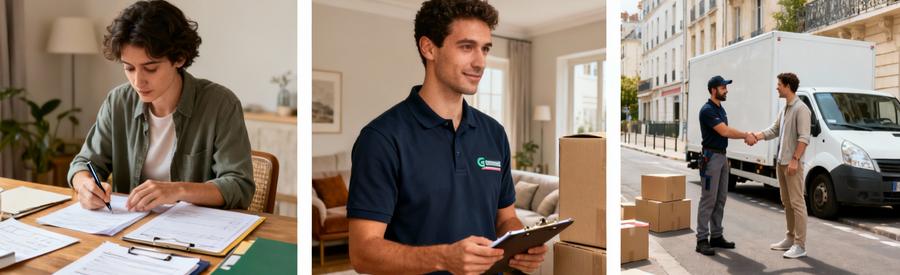 Triptyque montrant les étapes de comparaison d'offres de déménagement : organisation documents, inspection, accord